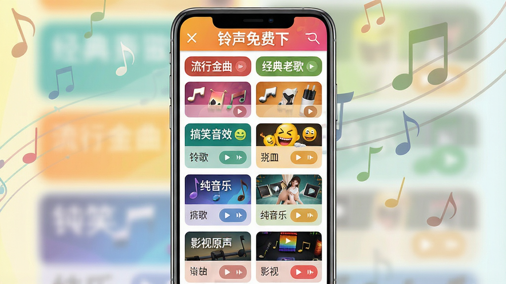 一张展示“铃声免费下”软件铃声分类页面的手机应用截图,画面中央是一部智能手机,屏幕上显示着丰富的铃声分类标签,如“流行金曲”“经典老歌”“搞笑音效”“纯音乐”“影视原声”等,每个分类下方有若干铃声条目和播放按钮,界面色彩丰富但排版整齐,背景有淡淡的音符漂浮效果,整体风格活泼明快,画质清晰干净,无多余元素。