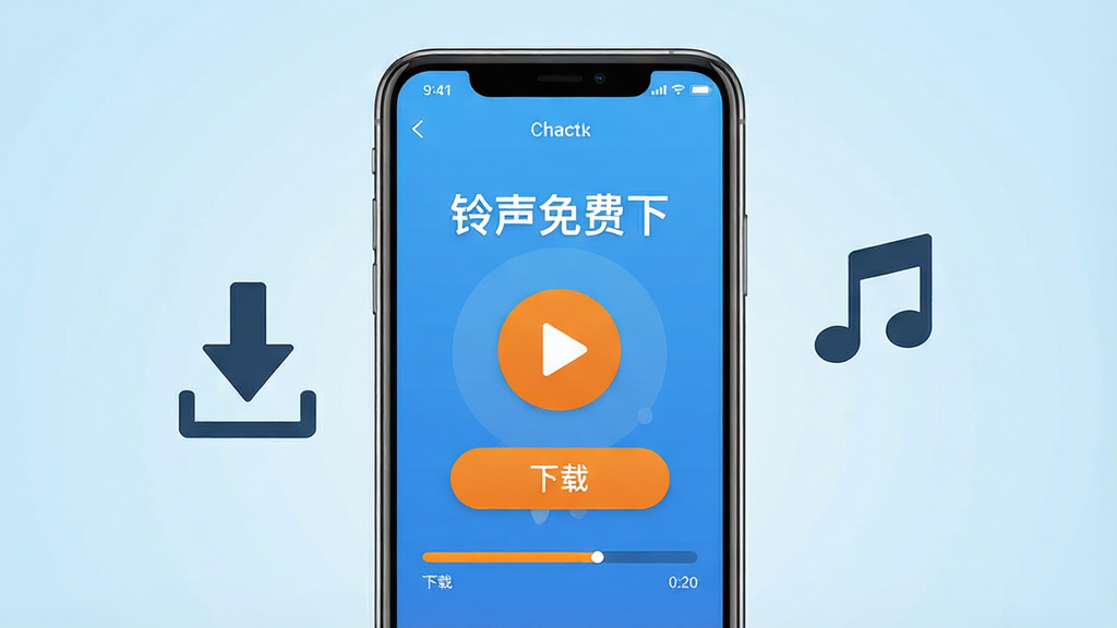 一张展示“铃声免费下”软件下载与试听功能的手机应用截图,画面中央是一部智能手机,屏幕上显示着一首铃声的详情页面,有醒目的播放按钮和下载按钮,下载进度条正在推进,手机旁边有下载箭头和音符图标作为装饰,背景是干净的浅蓝色渐变,整体风格简约直观,画质清晰,无多余元素。