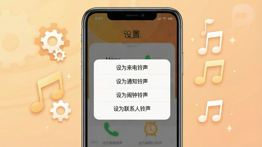 一张展示“铃声免费下”软件设置铃声功能的手机应用截图,画面中央是一部智能手机,屏幕上显示着设置铃声的弹窗菜单,选项包括“设为来电铃声”“设为通知铃声”“设为闹钟铃声”“设为联系人铃声”,手机周围有齿轮和音符图标,背景是柔和的暖色调,整体风格温馨实用,画质清晰,无多余元素。