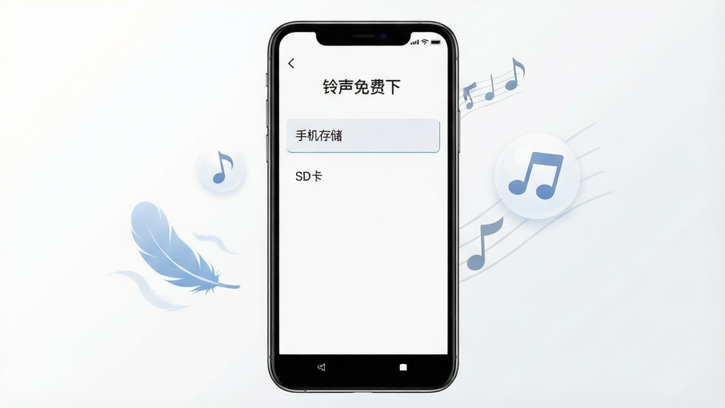 一张展示“铃声免费下”软件轻量运行特点的手机应用截图,画面中央是一部智能手机,屏幕上显示着应用的存储管理页面,有“手机存储”和“SD卡”两个选项,旁边有轻盈的羽毛和音符图标象征轻量,背景是干净的白色和浅灰色,整体风格极简清爽,画质清晰,无多余元素。