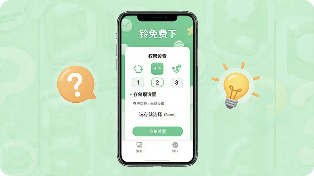 一张展示“铃声免费下”软件新手使用指南的手机应用截图,画面中央是一部智能手机,屏幕上显示着权限设置和存储选择的引导页面,有清晰的步骤提示和图标,手机旁边有问号和灯泡图标象征提示,背景是柔和的浅绿色,整体风格友好易懂,画质清晰,无多余元素。