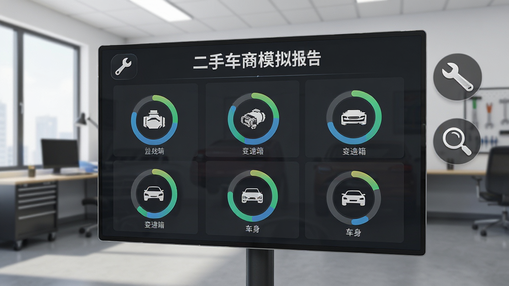 游戏界面中展示一辆二手车的三维检测报告,屏幕上显示发动机、变速箱、车身等部位的评分圆环图,旁边有扳手和放大镜图标,背景是车行办公室,风格现代简洁,画面干净,突出“二手车商模拟器”评估功能,画质细腻