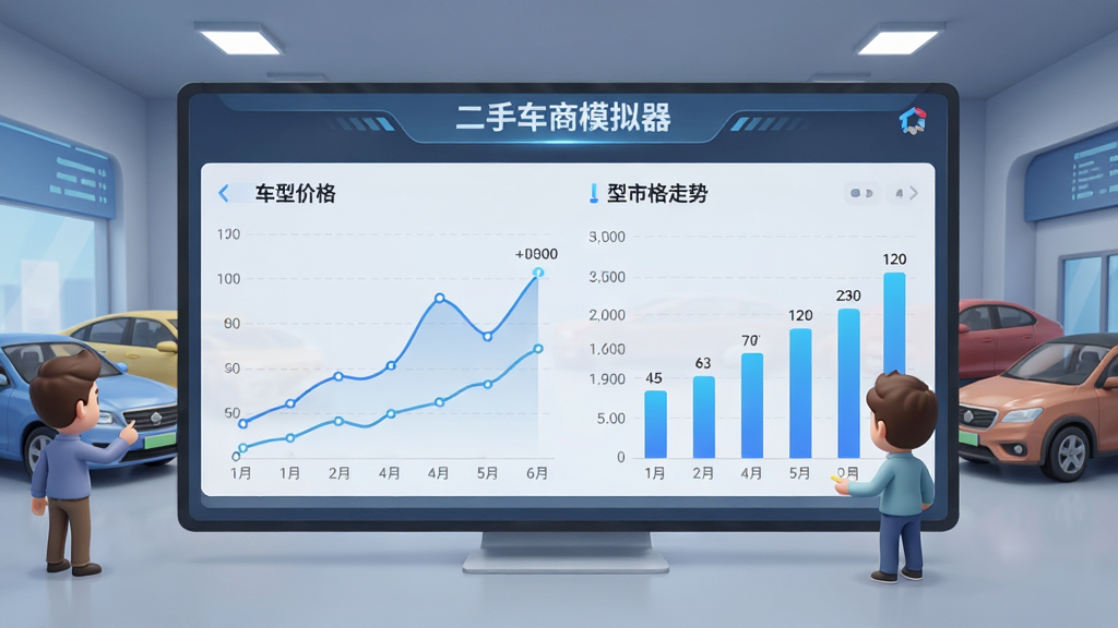 一块显示折线图和柱状图的数字看板,上面标注着不同车型的价格走势,背景是虚拟车行的交易大厅,有几位卡通顾客在查看车辆,风格商务科技感,色调蓝灰为主,画面干净整洁,突出“二手车商模拟器”市场行情界面