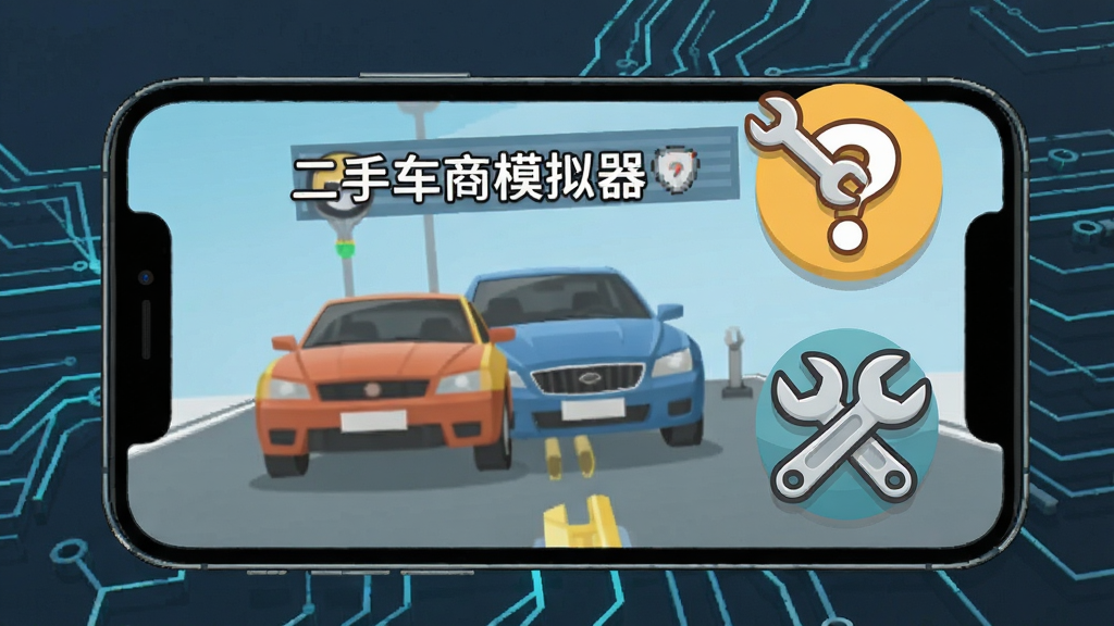 一部智能手机屏幕上显示二手车商模拟器的游戏画面,旁边有卡通风格的问题图标和扳手图标,背景是简洁的科技线条,风格扁平化,画面干净,突出“二手车商模拟器”移动端使用场景,画质清晰