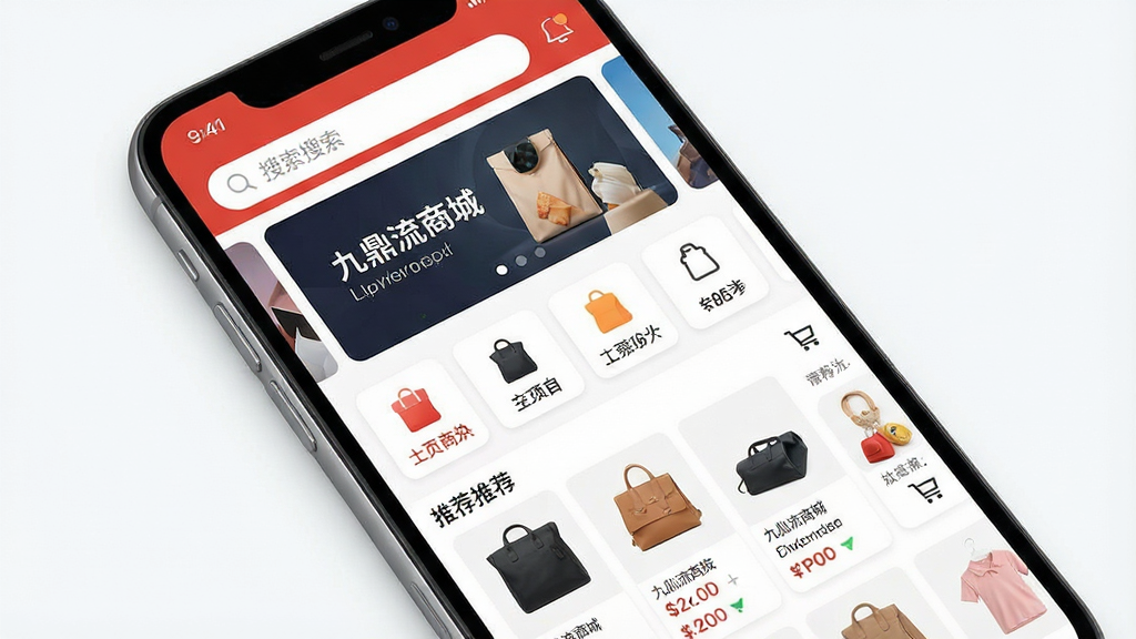一张展示手机购物商城应用界面的图片,主体是一部竖屏智能手机,屏幕中显示“九鼎流商城”的应用首页,布局包含顶部搜索栏、中部轮播活动横幅、下方商品分类图标与推荐商品列表,排版整洁有序,风格现代简约,细节包含商品缩略图、价格标签、购物车图标,画质高清,画面干净,无多余元素