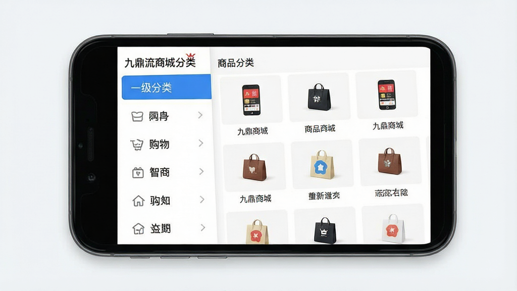 一张展示手机购物应用商品分类页面的图片,主体是智能手机屏幕,屏幕中显示“九鼎流商城”的分类导航界面,布局为左侧一级分类列表与右侧二级分类网格,排版整齐,风格清爽明快,细节包含分类图标与文字标签,画质清晰,画面干净,无多余元素