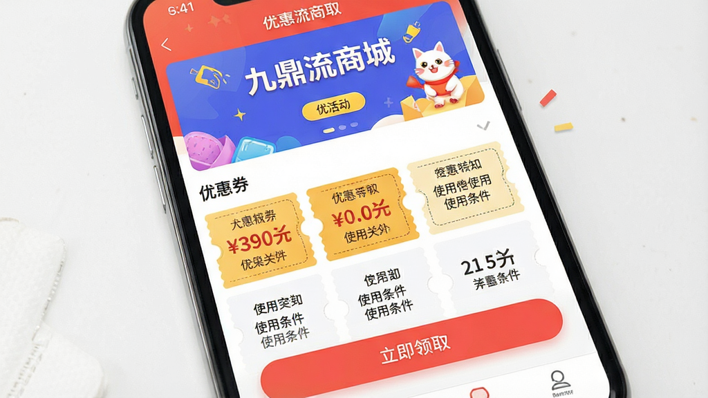 一张展示手机购物应用优惠活动页面的图片,主体是智能手机屏幕,屏幕中显示“九鼎流商城”的优惠券领取界面,布局包含顶部活动横幅、中部优惠券卡片列表、底部立即领取按钮,排版紧凑清晰,风格活泼明快,细节包含券面金额与使用条件文字,画质高清,画面干净,无多余元素