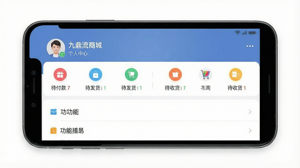 一张展示手机购物应用个人中心页面的图片,主体是智能手机屏幕,屏幕中显示“九鼎流商城”的个人中心界面,布局包含顶部用户头像与昵称、中部订单状态图标行、下方功能菜单列表,排版清晰规整,风格简洁大方,细节包含待付款、待发货、待收货等文字标签,画质高清,画面干净,无多余元素