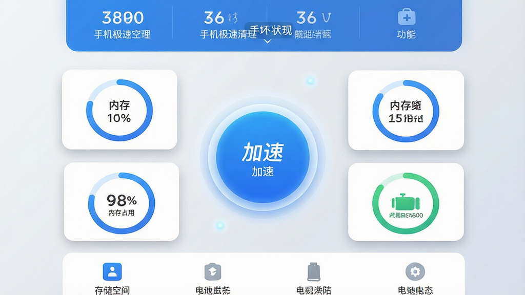 手机极速清理软件主界面展示,主体为一个圆形蓝色加速按钮位于屏幕中央,周围环绕着存储空间、内存占用、电池状态三个环形数据卡片;布局采用上下结构,上方为手机状态概览,下方为功能入口列表;排版简洁,留白充足;风格为现代扁平化科技风,以蓝白配色为主;细节上按钮带有细微光晕,数据卡片有轻量阴影,背景为浅灰渐变;画质高清,干净,无多余元素,画面中显示文字“手机极速清理”。