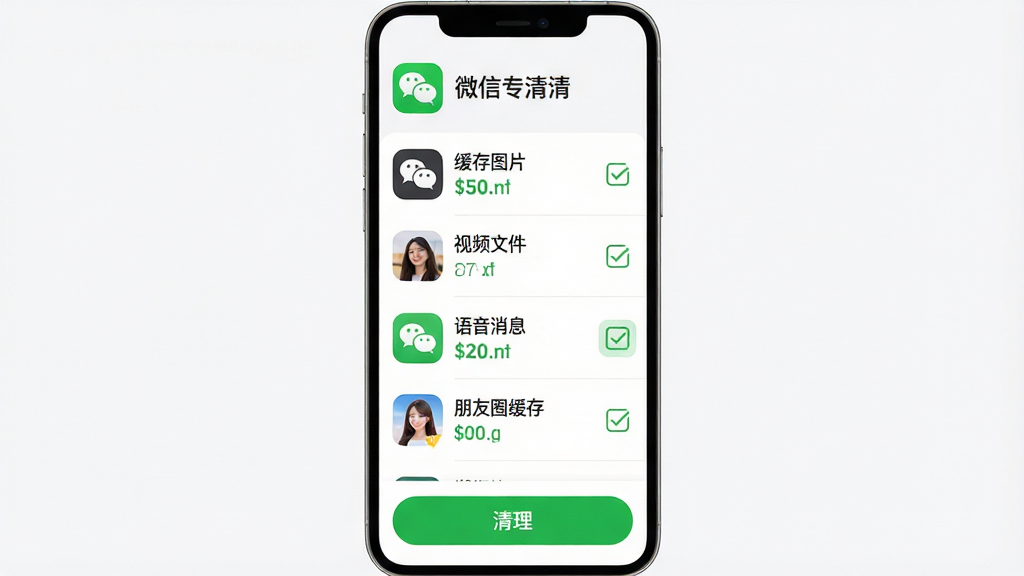 手机极速清理的微信专清功能界面,主体为手机屏幕展示微信图标与清理详情列表,列表项包括缓存图片、视频文件、语音消息、朋友圈缓存,每项前有勾选框;布局为上下结构,顶部为微信专清标题,中部为分类列表,底部为清理按钮;排版清晰,条目间距适中;风格为清爽浅色系,白底配微信绿点缀;细节上图标圆润,数字标签醒目;画质高清,干净,无多余元素,画面中显示文字“手机极速清理”。