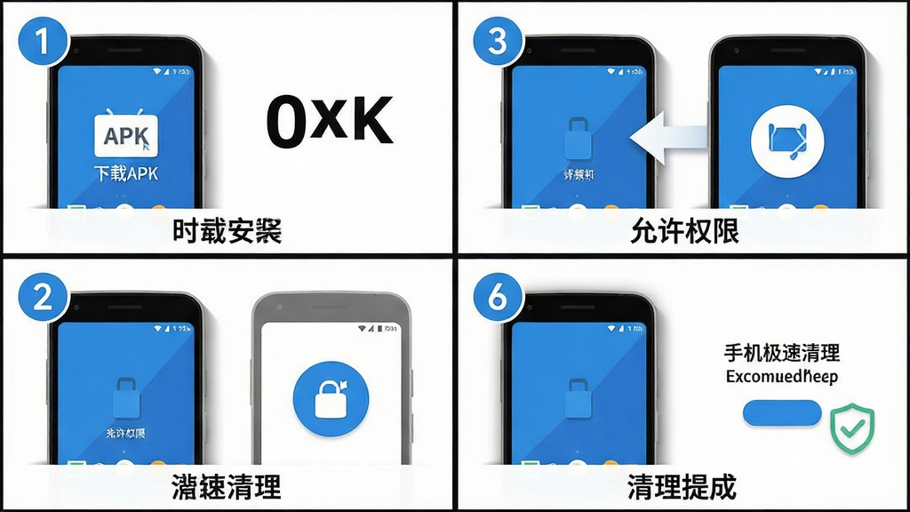 手机极速清理新手操作示意图,主体为一部安卓手机展示从安装到点击一键清理的四个步骤画面,分别为下载APK、允许权限、点击大按钮、清理完成提示;布局为四格漫画式排列;排版整齐,每格下方有简短说明;风格为扁平化教程风,蓝白配色;细节上手机边框有阴影,步骤数字用圆形标出;画质高清,干净,无多余元素,画面中显示文字“手机极速清理”。