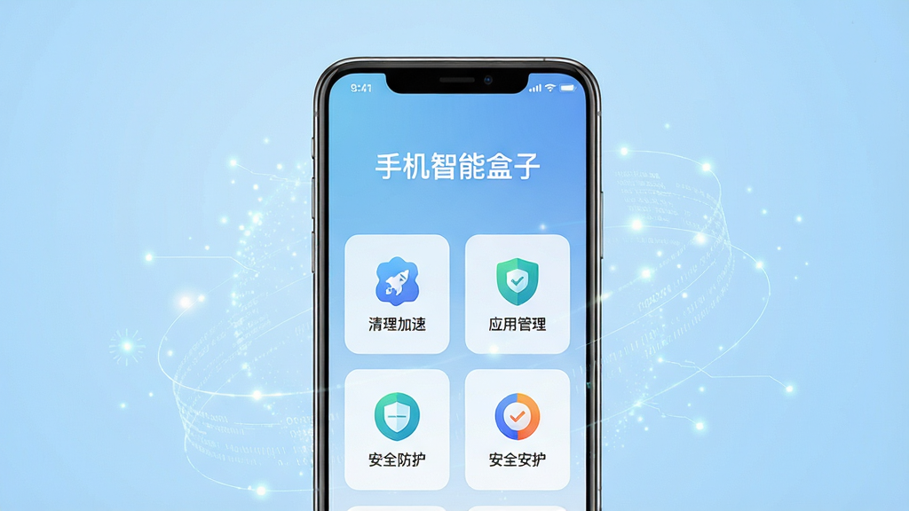 一部现代智能手机居中放置,屏幕显示