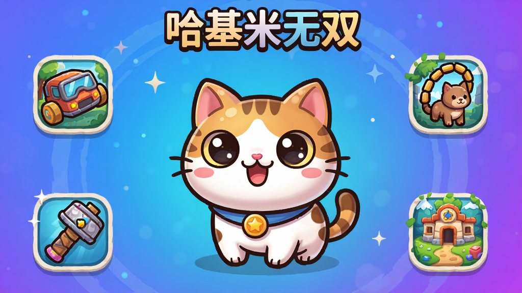 哈基米无双游戏主界面展示,中心位置放置一只可爱的哈基米卡通猫咪形象,周围环绕各种趣味道具和关卡图标,背景采用明亮的蓝紫色渐变风格,画面布局为居中构图,上方显示软件名称“哈基米无双”,整体风格卡通可爱,细节丰富色彩鲜艳,画质高清干净无多余元素