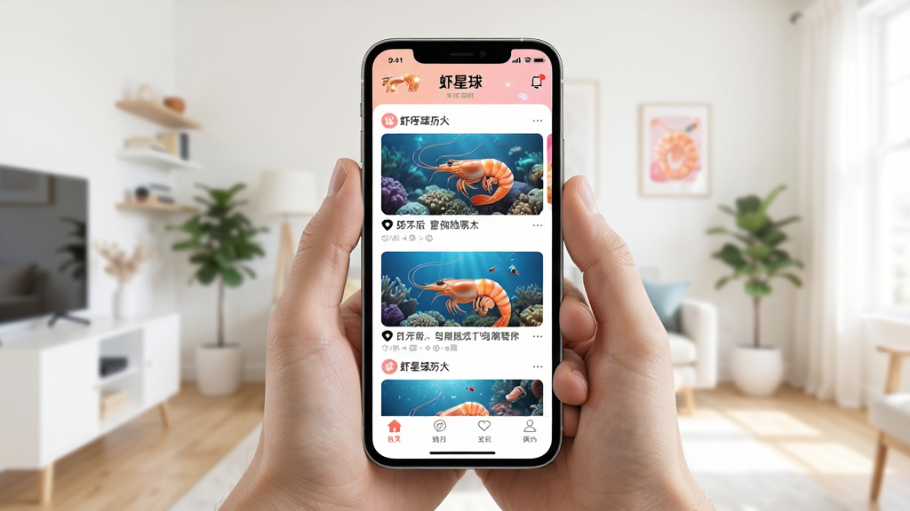 一张展示虾星球APP核心界面的场景图,手机屏幕中显示虾星球应用首页,有图文动态卡片和底部导航栏,背景为明亮的房间,主体是手持手机的特写,布局居中,风格清新现代,细节包括屏幕上的「虾星球」文字标识和动态内容缩略图,画质高清,干净,无多余元素