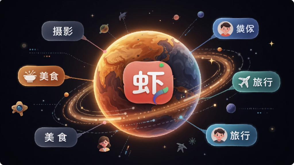 一幅表现虾星球智能推荐功能的插画,画面中央是一个发光的星球,周围环绕着不同兴趣标签如「摄影」「美食」「旅行」,星球内部显示虾星球的Logo,布局呈放射状,风格科技感与温暖色调结合,细节有数据流线条和用户头像,画质清晰,干净,无多余元素