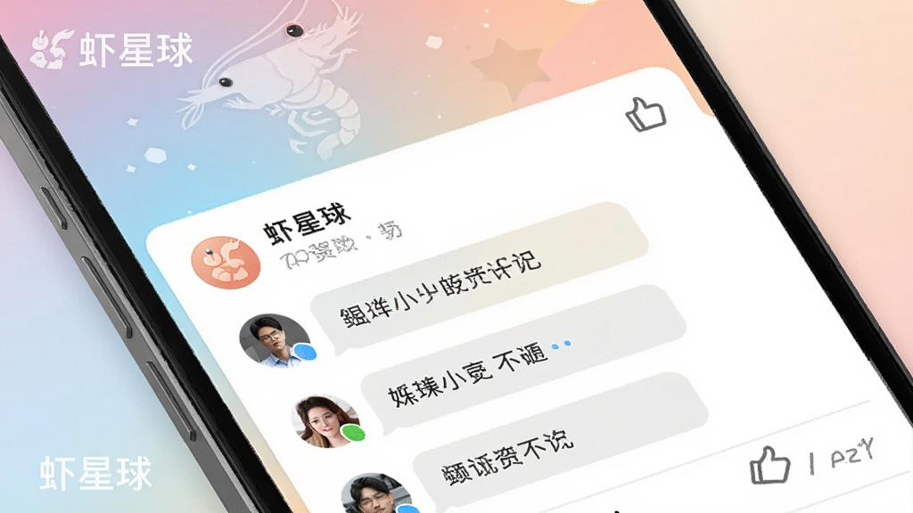 一张展示虾星球社区互动界面的图片,手机屏幕中显示一条动态下方的评论区,有多个用户头像和对话气泡,背景是柔和的渐变色彩,主体是手机特写,布局简洁,风格社交化,细节包括「虾星球」水印和点赞图标,画质高清,干净,无多余元素