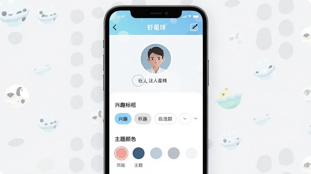 一幅虾星球个人主页编辑界面的示意图,画面中手机屏幕显示个人资料编辑页,有头像上传区域、兴趣标签选择器和主题颜色选项,布局为竖向排版,风格简约清新,细节有「虾星球」应用名称和编辑图标,画质清晰,干净,无多余元素