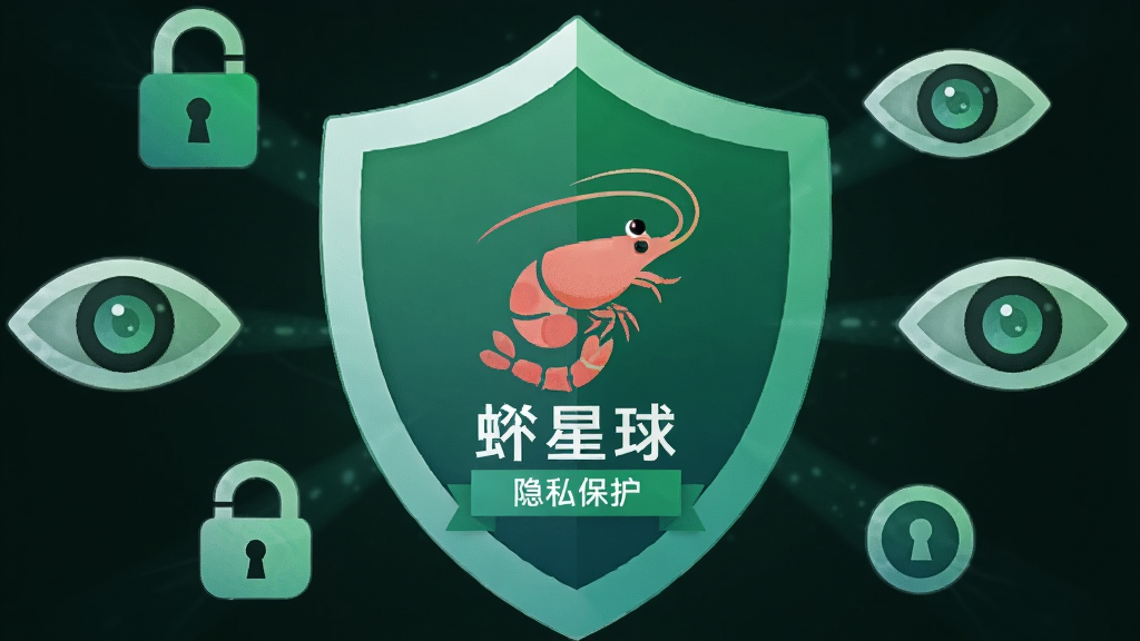一张表现虾星球隐私保护功能的插图,画面中央是一个盾牌图标,盾牌上印有虾星球Logo,周围环绕着锁和眼睛符号,布局对称,风格安全可信,细节有「隐私保护」文字和绿色色调,画质高清,干净,无多余元素