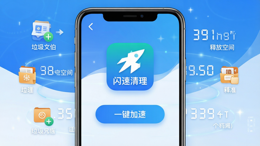 软件主界面展示,手机屏幕中央显示“闪速清理”应用图标和“一键加速”按钮,周围环绕着垃圾文件、缓存图标和释放空间的数字,背景为干净的蓝白渐变科技风格,排版简洁清晰,画质高清,无多余元素