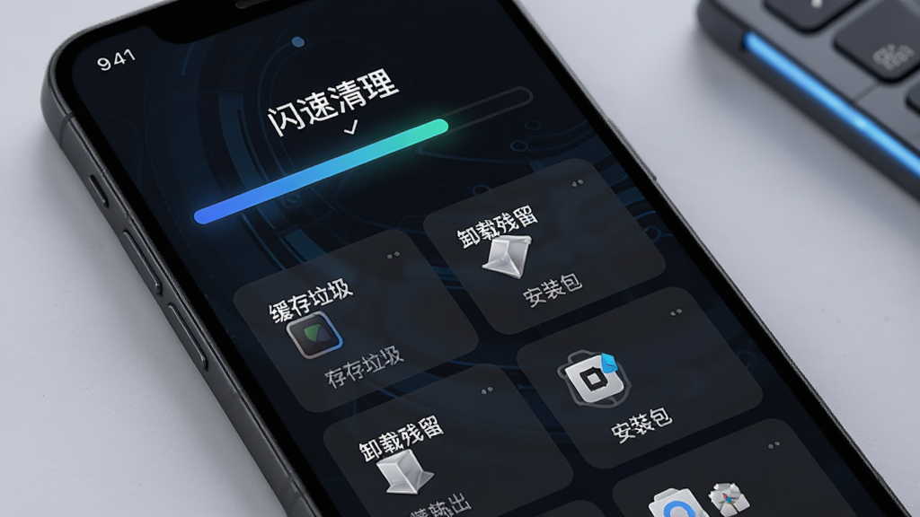 手机屏幕显示“闪速清理”正在快速扫描,进度条飞速前进,扫描出的垃圾文件以卡片形式分类呈现,包括缓存垃圾、卸载残留、安装包等,界面为深色护眼模式,风格现代科技感,画质清晰,干净整洁