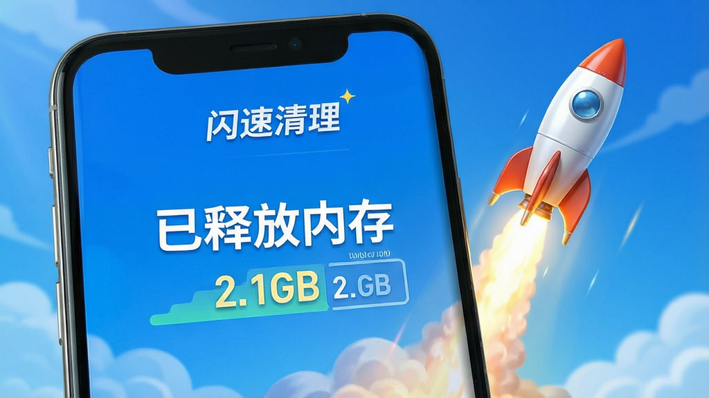 手机屏幕展示“闪速清理”加速完成界面,显示“已释放内存 2.1GB”,背景有火箭升空的动效元素,界面风格清爽明快,文字醒目,画质高清,无杂乱元素