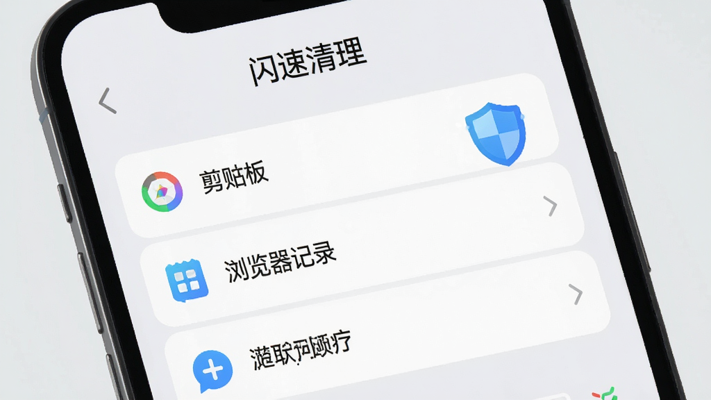 手机屏幕显示“闪速清理”的隐私清理界面,有剪贴板、浏览器记录等选项,旁边有盾牌图标,背景为浅灰色简洁风格,文字清晰,画质干净,无多余装饰