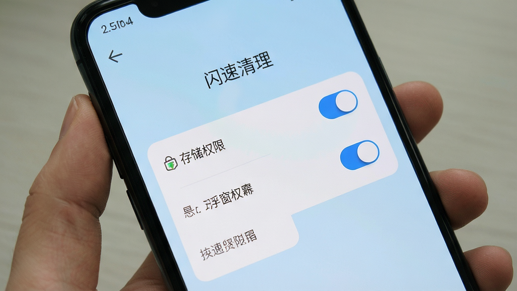 手机屏幕展示“闪速清理”的权限设置引导页面,有存储权限、悬浮窗权限等开关,背景为浅蓝色,界面简洁明了,画质清晰,无多余元素
