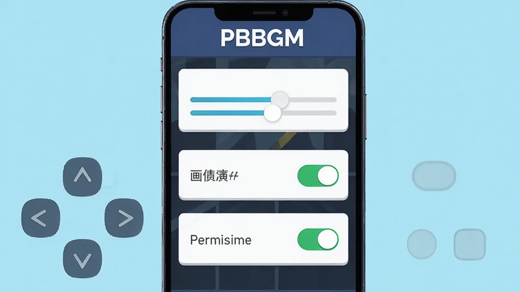 PBBGM 游戏设置界面截图风格插画,画面中显示虚拟按键调整滑块、画质选项和权限开关,顶部有