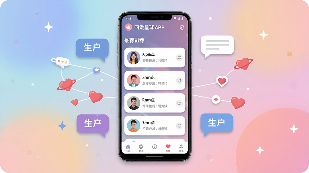 一张展示四爱星球手机应用界面的完整全貌图,画面中央是一部竖屏安卓手机,手机屏幕上显示四爱星球APP的首页推荐用户列表和底部导航栏,手机周围环绕着聊天气泡图标和爱心连接符号,布局采用居中对称构图,排版干净利落,风格为现代扁平化科技感,细节包括柔和的渐变背景、圆角卡片式用户头像、轻微的阴影层次,画质高清,干净,无多余元素