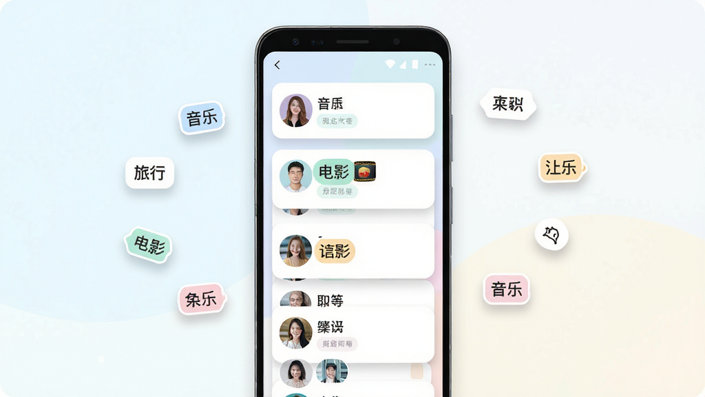 四爱星球APP内智能匹配推荐功能的界面截图风格图,主体为一部安卓手机屏幕,屏幕上展示多个带有兴趣标签的用户卡片以瀑布流形式排列,卡片上写有标签如音乐、旅行、电影等文字,布局为手机居中放置,周围漂浮着标签形状的小图标,风格为清新简约的UI设计展示图,细节包括柔和的浅色背景、卡片圆角、轻微的投影效果,画质清晰,干净,无多余元素