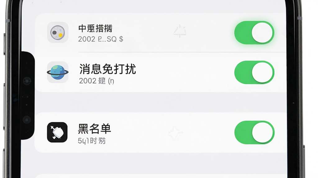 四爱星球APP隐私安全设置界面图,主体为手机屏幕上的设置菜单列表,屏幕上显示可见范围、消息免打扰、黑名单等设置选项和开关按钮,布局为手机居中展示,风格为简洁工具类界面风格,细节包括设置项图标、开关按钮的绿色高亮、清晰的文字排版,画质高清,干净,无多余元素
