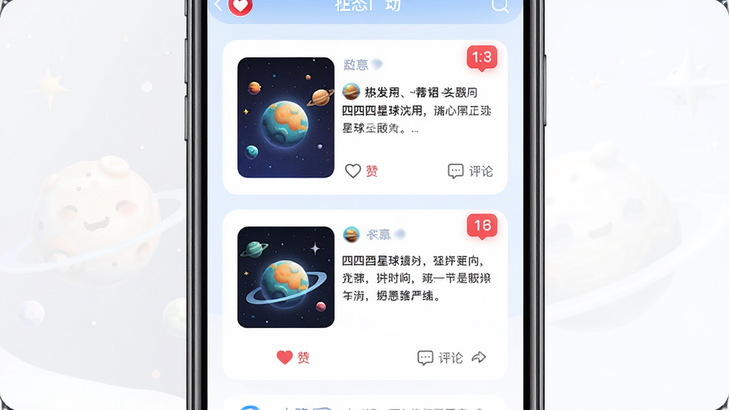四爱星球APP动态广场页面展示图,主体为手机屏幕中的动态信息流,屏幕上显示两条带图片和文字的动态卡片,下方有点赞和评论图标,布局为手机居中竖屏展示,风格为明亮社交社区风格,细节包括动态卡片圆角、点赞红心高亮、评论数字气泡,画质清晰,干净,无多余元素