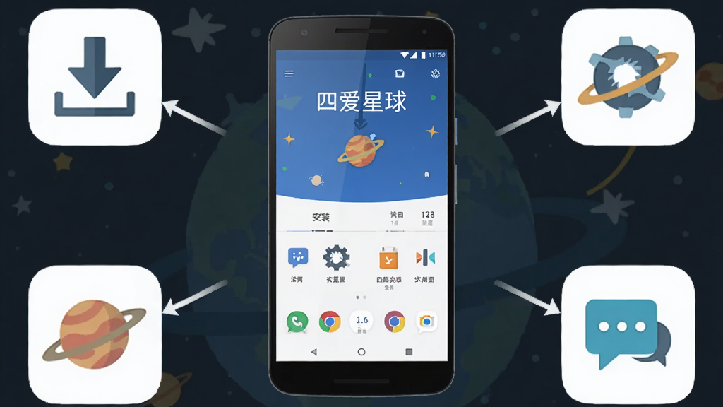 四爱星球安卓手机安装使用流程图,主体为一部安卓手机和周围环绕的步骤图标,屏幕上显示安装完成后的首页界面,布局为手机居中、步骤图标呈环形围绕,风格为扁平化教程示意图,细节包括下载箭头、安装齿轮、聊天气泡等小图标,画质高清,干净,无多余元素