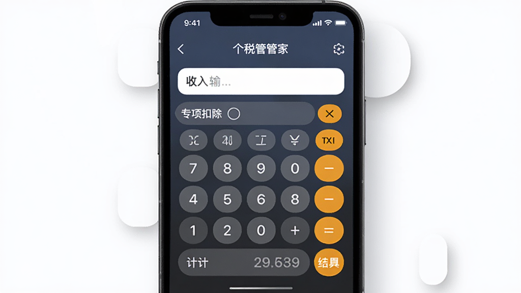 个税管家电子计算器软件主界面全貌展示,主体为一部智能手机屏幕,屏幕中央显示个税管家电子计算器的计算器界面,布局包含收入输入框、专项扣除选项和计算结果展示区,排版简洁清晰,风格为现代扁平化科技风,细节上带有柔和阴影和圆角设计,画质高清,画面干净,无多余元素