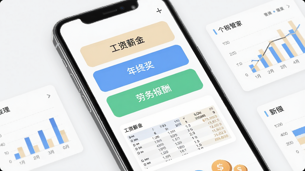 个税管家电子计算器多场景计算功能展示图,画面中央为手机屏幕,屏幕内显示工资薪金、年终奖、劳务报酬三个计算入口按钮,按钮下方有税率表缩略图,布局错落有致,风格为清新简约的商务风,细节上带有数据图表元素,画质清晰,画面干净,无多余元素