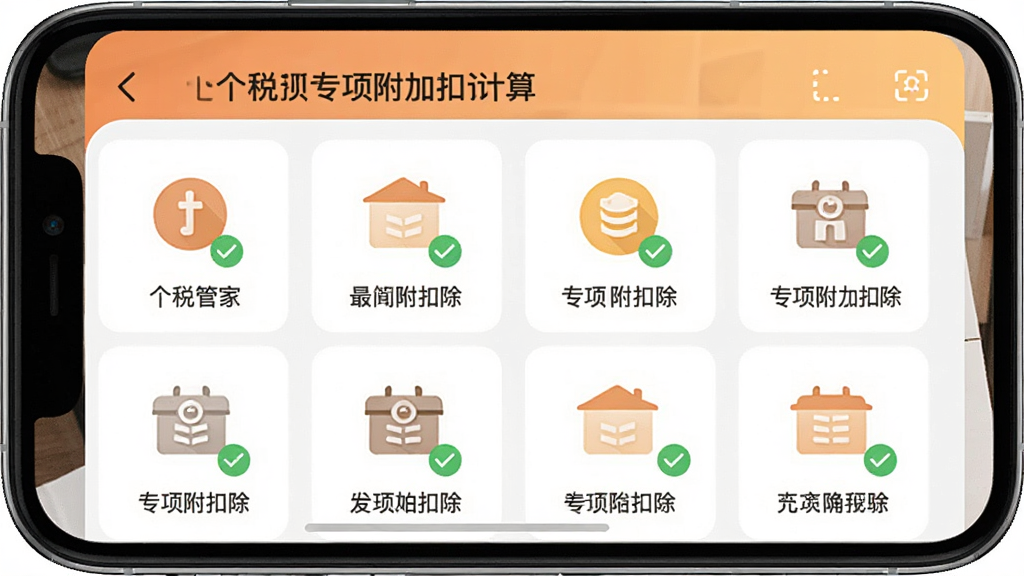 个税管家电子计算器专项附加扣除管理界面截图,主体为手机屏幕,屏幕内展示七项专项附加扣除的图标列表,每个图标下方有简要文字说明,布局为两列网格排列,风格为温馨生活化风格,细节上带有打勾完成状态标记,画质高清,画面干净,无多余元素