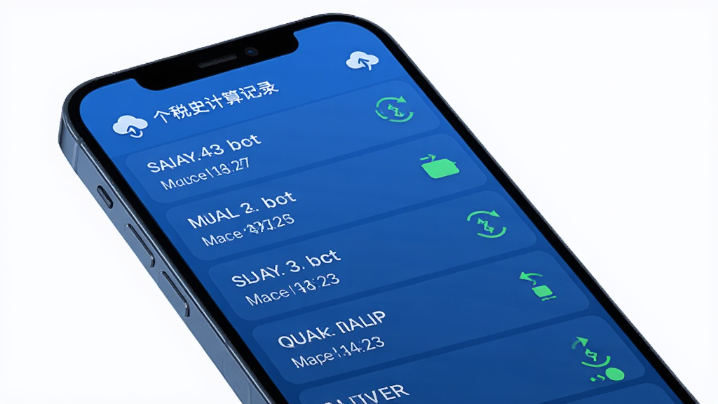 个税管家电子计算器历史记录与云端同步功能示意图,主体为手机屏幕,屏幕内显示按月份排列的历史计算记录列表,每条记录旁有同步状态小图标,布局为纵向列表,风格为科技蓝调简约风,细节上带有云朵和同步箭头符号,画质高清,画面干净,无多余元素