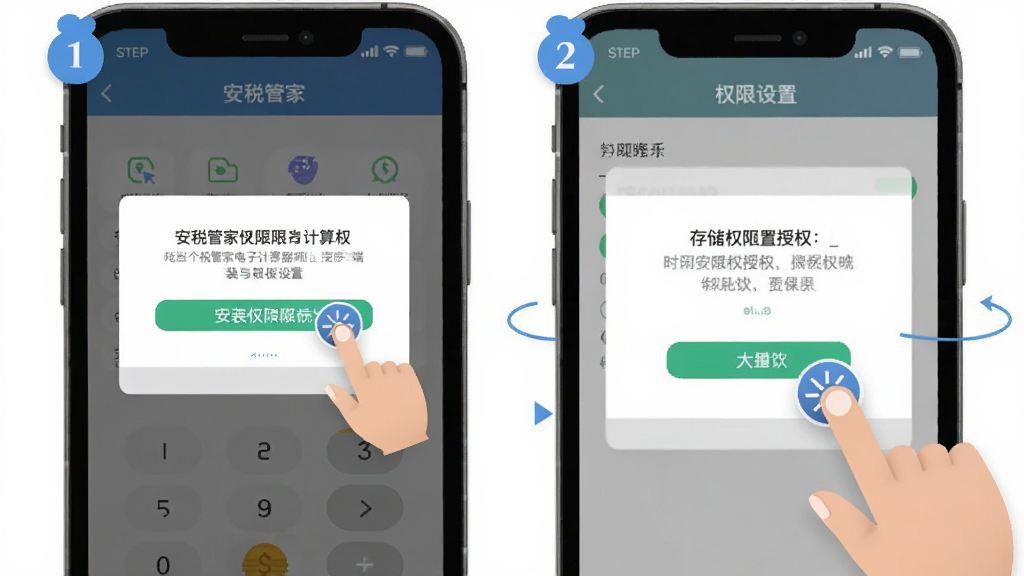 个税管家电子计算器移动端安装与权限设置示意图,主体为手机屏幕,屏幕内显示安装权限弹窗和存储权限授权界面,布局为上下分步展示,风格为扁平化教程风,细节上带有手指点击图标和步骤序号,画质清晰,画面干净,无多余元素