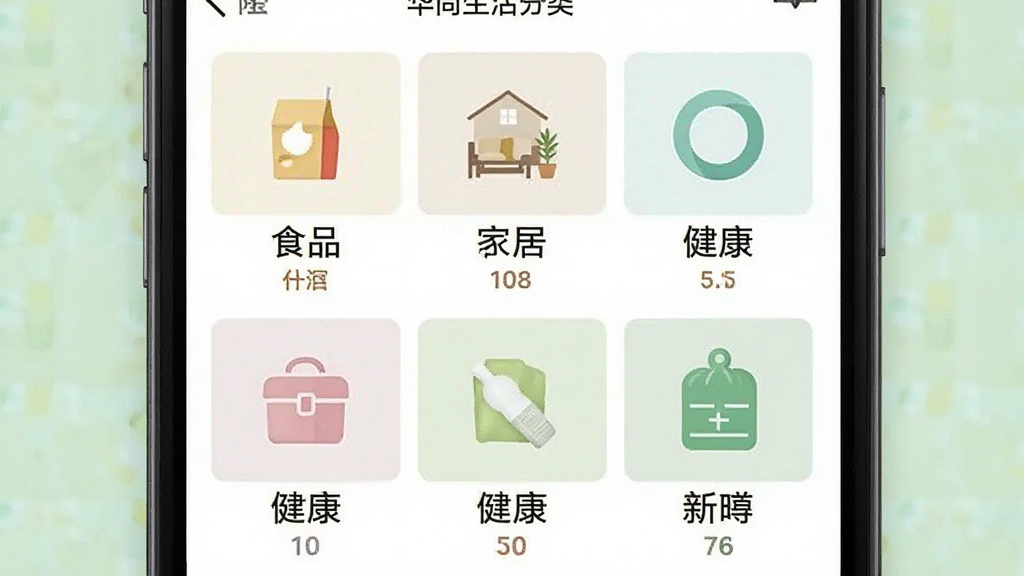 一张华尚生活APP商品分类页面的界面截图风格图片,画面主体为手机屏幕内展示多个商品分类网格,包含食品、家居、健康等图标和文字标签,布局整齐,风格清新明亮,细节丰富,画质干净,无多余元素