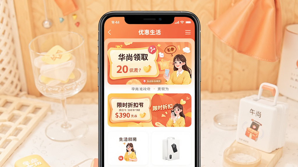 一张展示华尚生活APP优惠活动页面的手机界面图,画面中央为手机屏幕内呈现优惠券领取和限时折扣横幅,配色以暖色调为主,风格活泼,细节清晰,画质干净,无多余元素