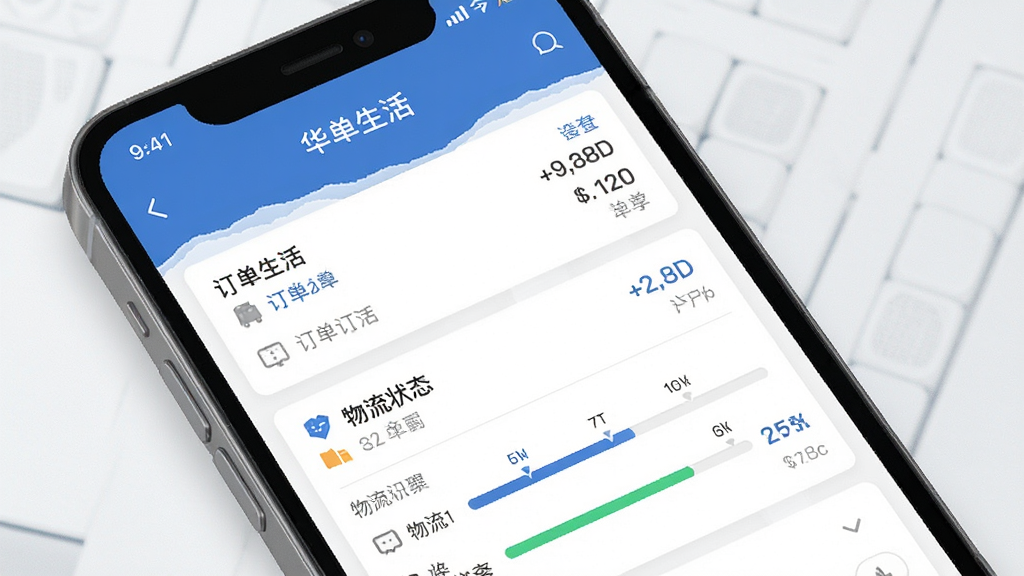 一张华尚生活APP订单管理页面的界面示意图,手机屏幕内展示订单列表和物流状态进度条,布局清晰,风格简约商务,细节到位,画质干净,无多余元素