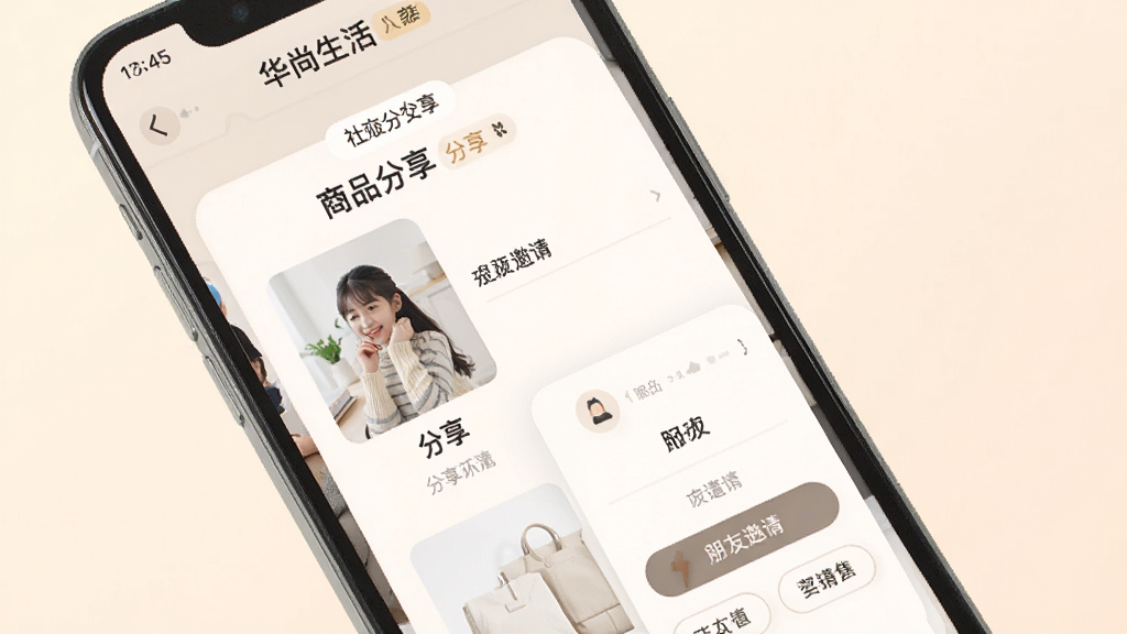 一张展示华尚生活APP社交分享功能的手机界面图,画面中手机屏幕内呈现商品分享面板和好友邀请入口,背景为柔和浅色,风格亲切,细节清晰,画质干净,无多余元素