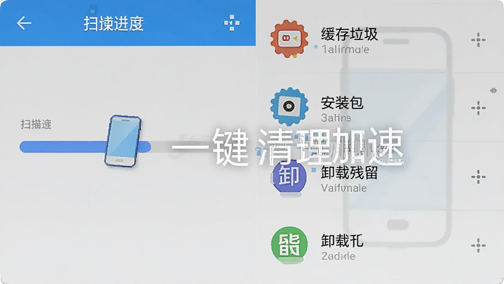 手机一键清理加速软件界面,左侧是扫描进度条,右侧是分类垃圾列表,包括缓存垃圾、安装包、卸载残留等,界面风格简洁明快,带有手机一键清理加速的logo水印,画质清晰,无杂乱元素