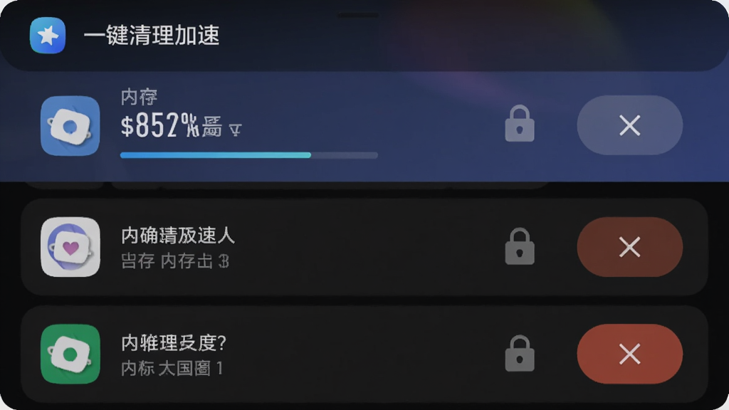 手机一键清理加速的内存加速界面,显示当前内存占用百分比、后台运行应用列表,每个应用旁边有锁定图标和结束按钮,界面配色为深色护眼模式,带有手机一键清理加速的标识,画质干净,无多余装饰