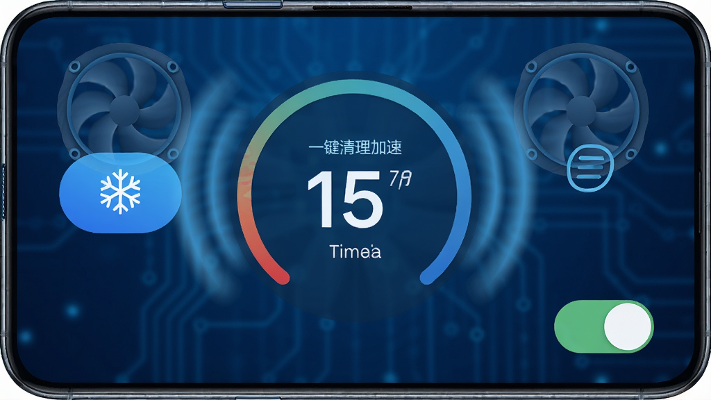 手机一键清理加速的温度监控界面,中央显示手机温度数值,周围有降温按钮和省电模式开关,背景为科技蓝,带有散热风扇的视觉元素,画质高清,无多余元素