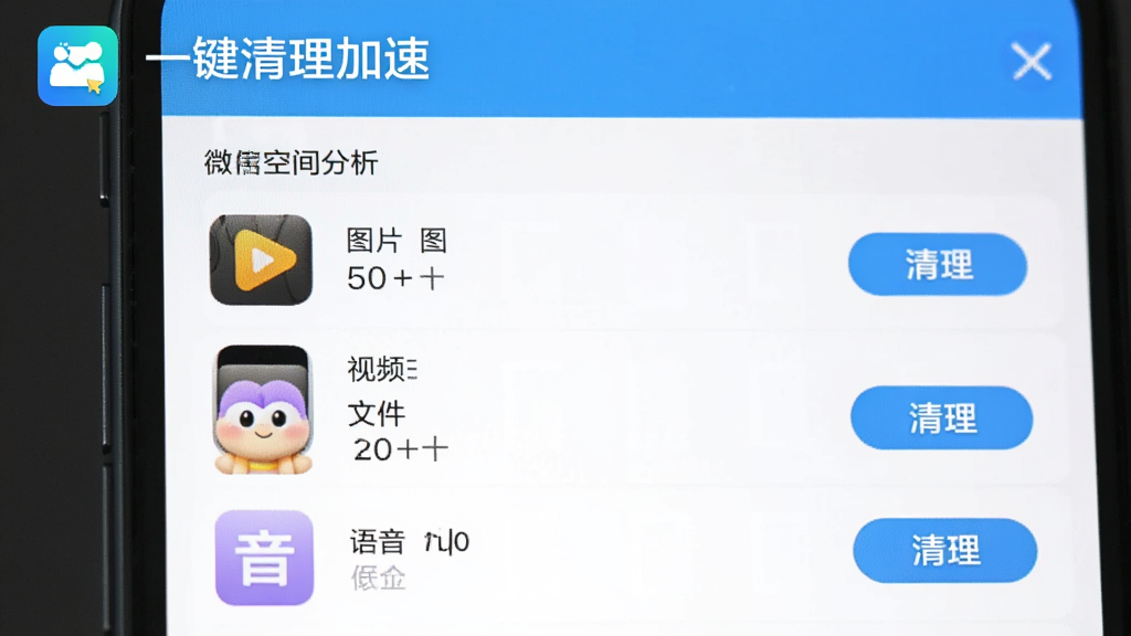 手机一键清理加速的微信专清界面,显示微信占用空间分析,包括图片、视频、文件、语音等分类,每个分类有清理按钮,界面风格清新,带有手机一键清理加速的logo,画质清晰,无杂乱元素