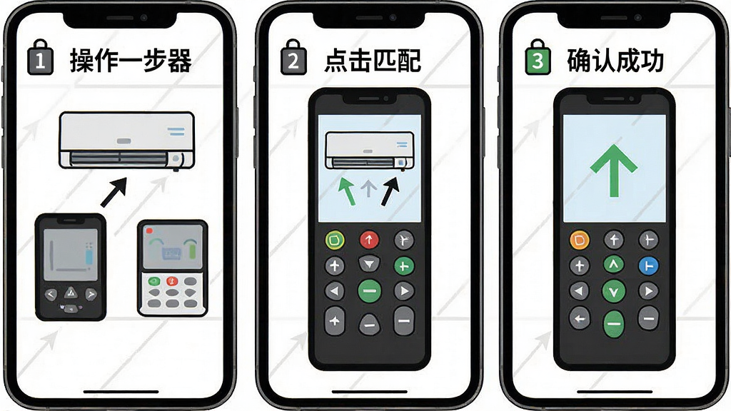 一张展示万能空调遥控器通用通新手操作指引的图片,画面中手机屏幕显示分步操作图示,第一步对准空调,第二步点击匹配,第三步确认成功,背景是简洁的白色教育风格,布局为三格漫画式排列,风格为扁平化信息图,细节包括步骤数字、箭头指示、手机和空调简笔画,画质高清,干净,无多余元素