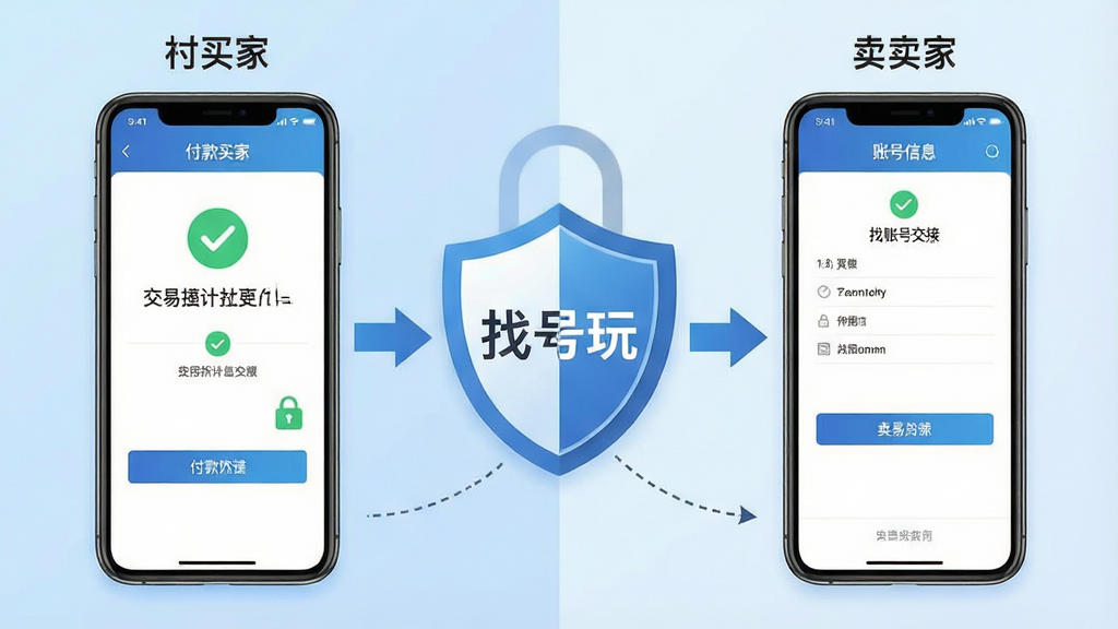 一张展示交易担保流程的示意图,画面分为左右两部分,左侧是买家手机显示付款界面,右侧是卖家手机显示账号信息交接界面,中间由一只盾牌图标连接,盾牌上写有“找号玩”字样,背景为浅蓝色渐变,风格简洁商务,细节包括对勾标记、锁形图标、流程箭头,画质清晰,干净,无多余元素