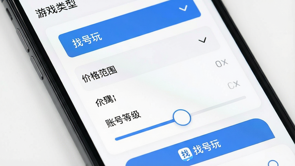 一张手机屏幕特写图,展示找号玩应用的筛选功能界面,屏幕上有多个下拉菜单和滑块控件,分别标注游戏类型、价格范围、账号等级等选项,背景为白色卡片式布局,风格清新简约,细节包括选中状态的高亮色块、筛选按钮上的“找号玩”小标识,画质高清,干净,无多余元素