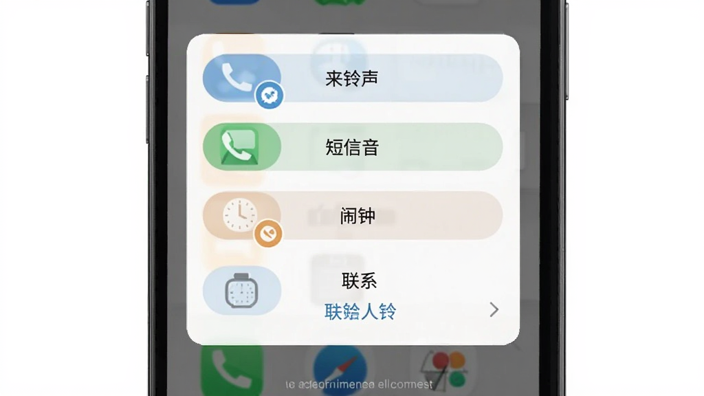 免费铃声海量一键设置功能展示,主体为手机屏幕弹出设置选项菜单,布局采用底部弹窗样式,排版简洁,风格为扁平化设计,细节包括来电铃声、短信音、闹钟、联系人铃声等选项按钮,画质高清,干净,无多余元素